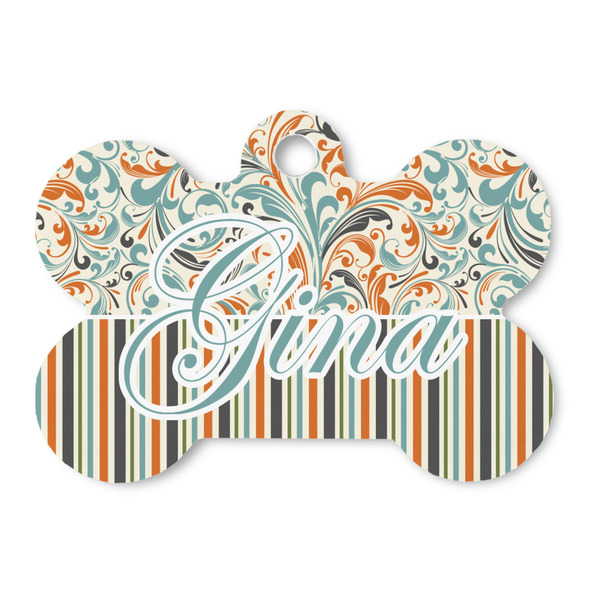 Custom Orange Blue Swirls & Stripes Bone Shaped Dog ID Tag (Personalized)