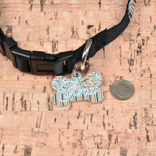 Orange Blue Swirls & Stripes Bone Shaped Dog ID Tag - Small - In Context