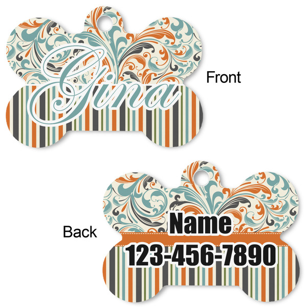 Orange Blue Swirls & Stripes Bone Shaped Dog Tag - Front & Back