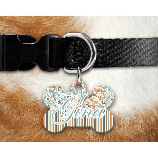 Orange Blue Swirls & Stripes Bone Shaped Dog Tag on Collar & Dog