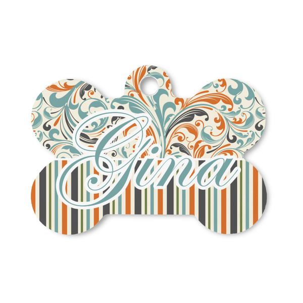 Custom Orange Blue Swirls & Stripes Bone Shaped Dog ID Tag - Small (Personalized)