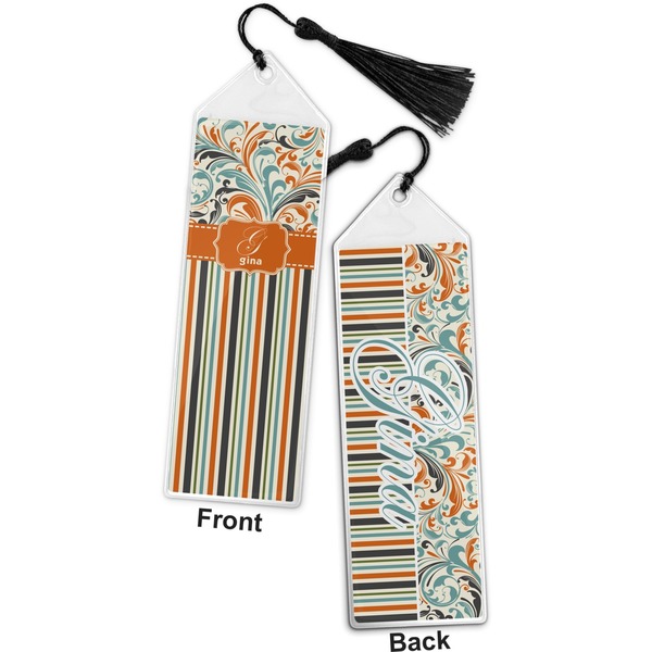 Orange Blue Swirls & Stripes Bookmark with tassel - Front and Back