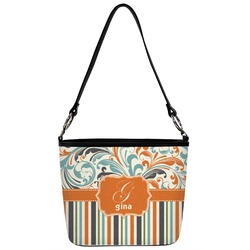 Orange Blue Swirls & Stripes Bucket Bag w/ Genuine Leather Trim (Personalized)