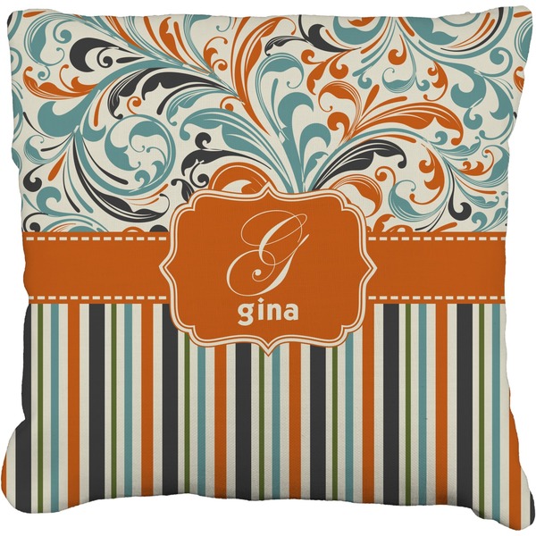 Custom Orange Blue Swirls & Stripes Faux-Linen Throw Pillow 16" (Personalized)