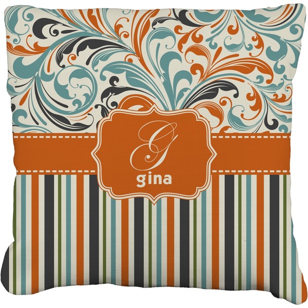 Custom Orange Blue Swirls & Stripes Faux-Linen Throw Pillow 18" (Personalized)