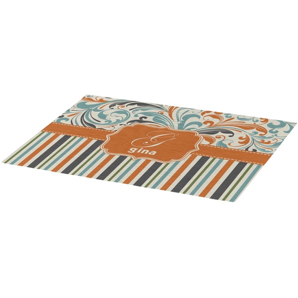 Orange Blue Swirls & Stripes Burlap Placemat (Angle View)