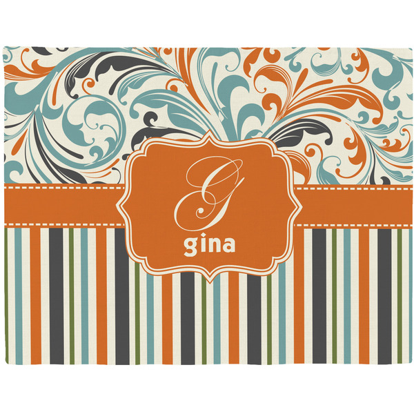 Custom Orange Blue Swirls & Stripes Woven Fabric Placemat - Twill w/ Name and Initial