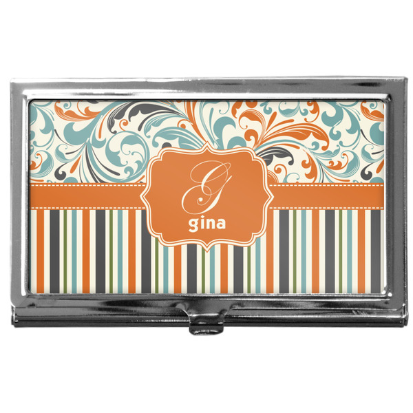 Custom Orange Blue Swirls & Stripes Business Card Case