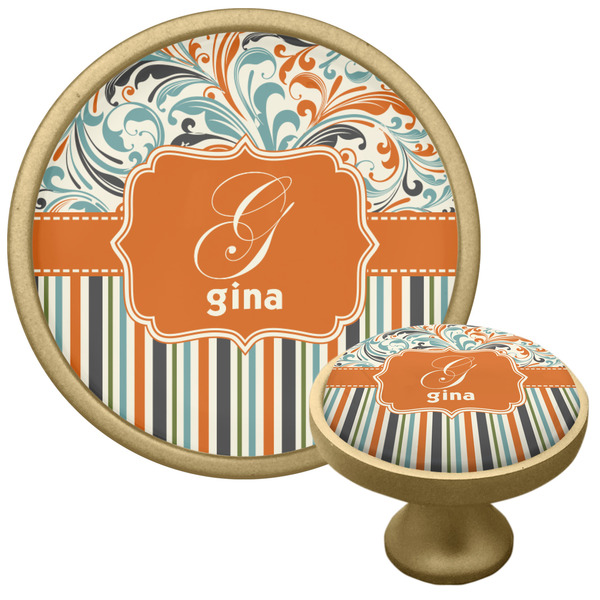 Custom Orange Blue Swirls & Stripes Cabinet Knob - Gold (Personalized)