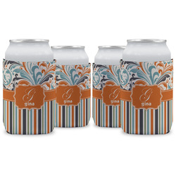 Orange Blue Swirls & Stripes Can Cooler (12 oz) - Set of 4 w/ Name and Initial