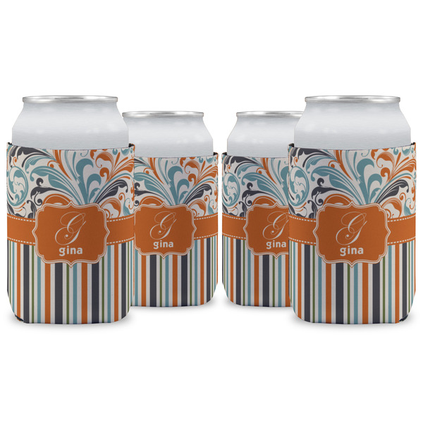 Custom Orange Blue Swirls & Stripes Can Cooler (12 oz) - Set of 4 w/ Name and Initial