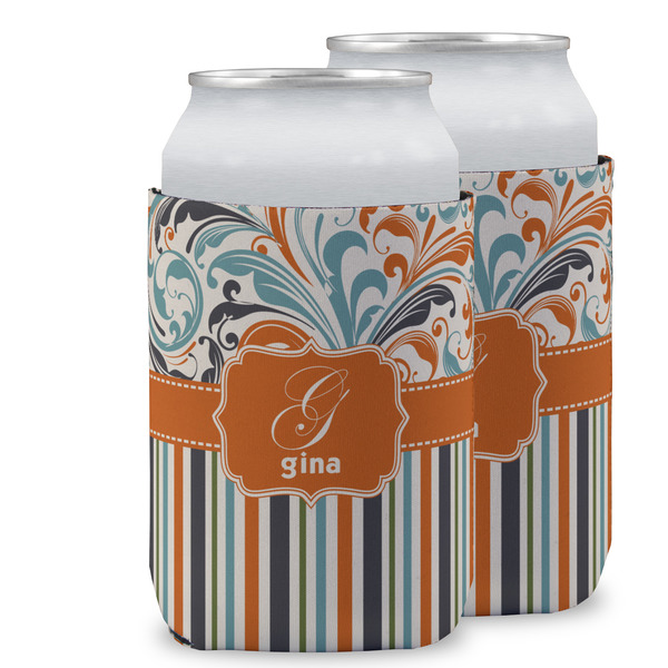 Custom Orange Blue Swirls & Stripes Can Cooler (12 oz) w/ Name and Initial
