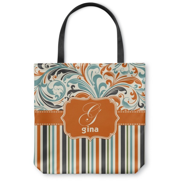 Custom Orange Blue Swirls & Stripes Canvas Tote Bag - Large - 18"x18" (Personalized)