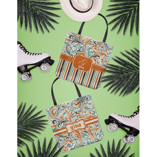 Orange Blue Swirls & Stripes Canvas Tote Lifestyle Front and Back- 13x13