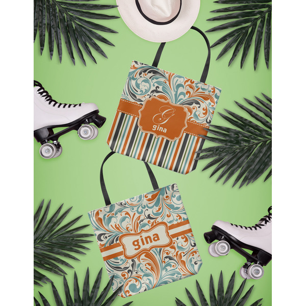 Orange Blue Swirls & Stripes Canvas Tote Lifestyle Front and Back