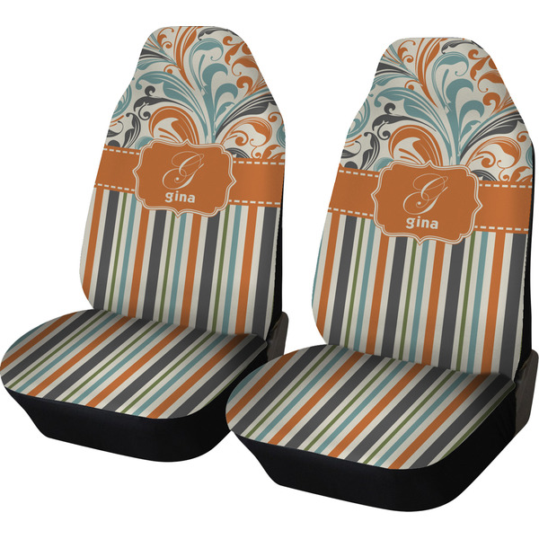 Custom Orange Blue Swirls & Stripes Car Seat Covers (Set of Two) (Personalized)