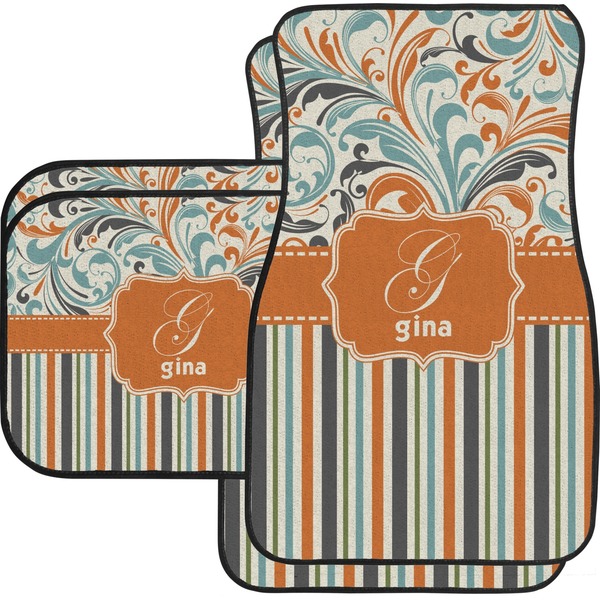 Custom Orange Blue Swirls & Stripes Car Floor Mats Set - 2 Front & 2 Back (Personalized)