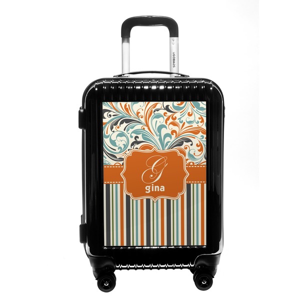 Custom Orange Blue Swirls & Stripes Carry On Hard Shell Suitcase (Personalized)