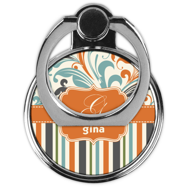 Orange Blue Swirls & Stripes Cell Phone Ring Stand & Holder - Front (Collapsed)