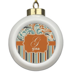 Orange Blue Swirls & Stripes Ceramic Ball Ornament (Personalized)