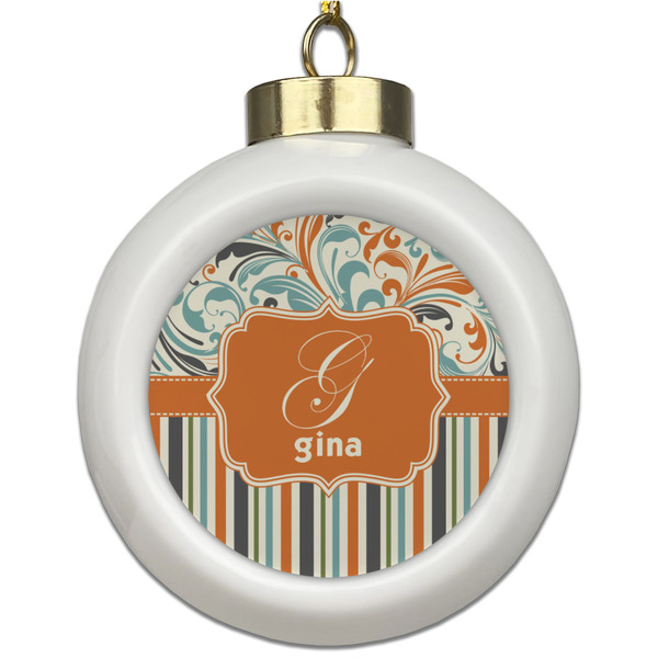 Custom Orange Blue Swirls & Stripes Ceramic Ball Ornament (Personalized)