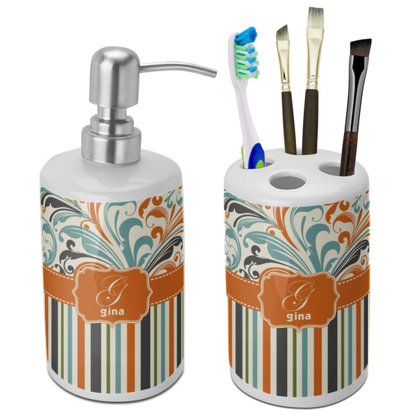 Custom Orange Blue Swirls & Stripes Ceramic Bathroom Accessories Set (Personalized)