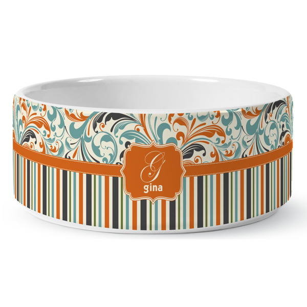 Orange Blue Swirls & Stripes Ceramic Dog Bowl - Medium - Front