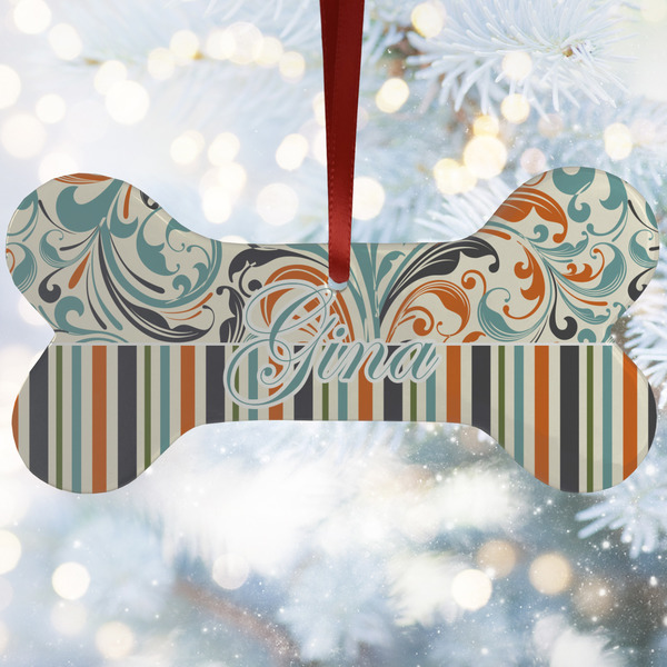 Custom Orange Blue Swirls & Stripes Ceramic Dog Ornament w/ Name and Initial