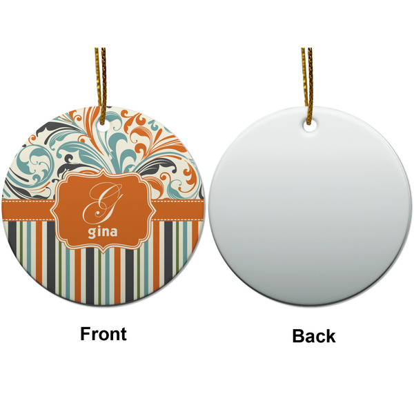 Orange Blue Swirls & Stripes Ceramic Flat Ornament - Circle Front & Back (APPROVAL)