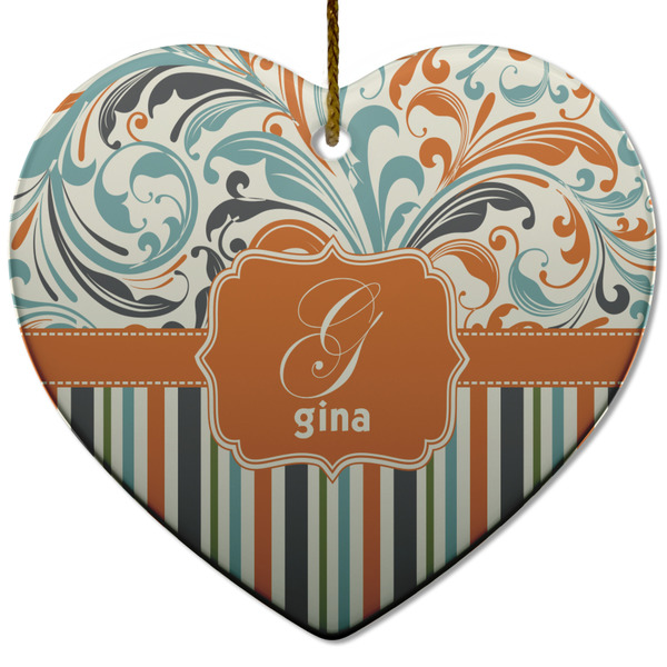 Custom Orange Blue Swirls & Stripes Heart Ceramic Ornament w/ Name and Initial