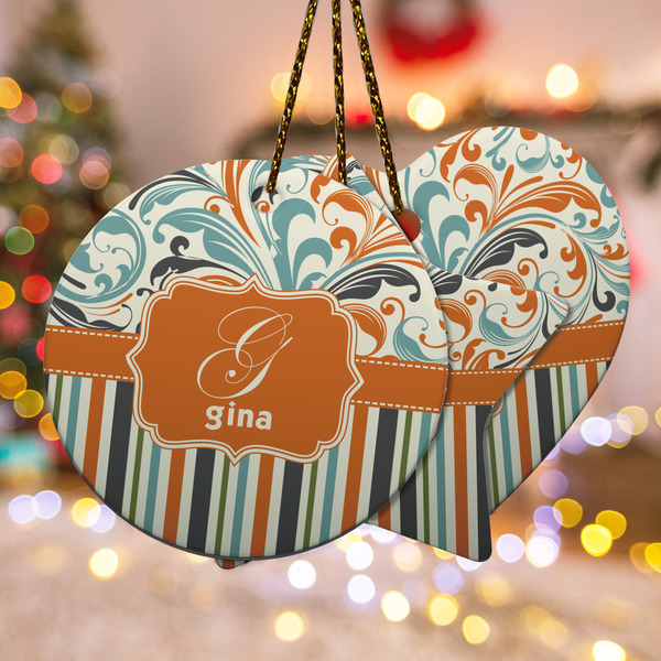 Custom Orange Blue Swirls & Stripes Ceramic Ornament w/ Name and Initial