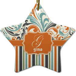 Orange Blue Swirls & Stripes Star Ceramic Ornament w/ Name and Initial