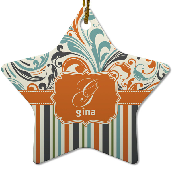 Orange Blue Swirls & Stripes Ceramic Flat Ornament - Star (Front)