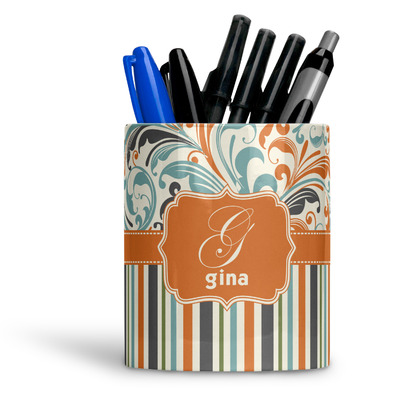 Orange Blue Swirls & Stripes Ceramic Pen Holder