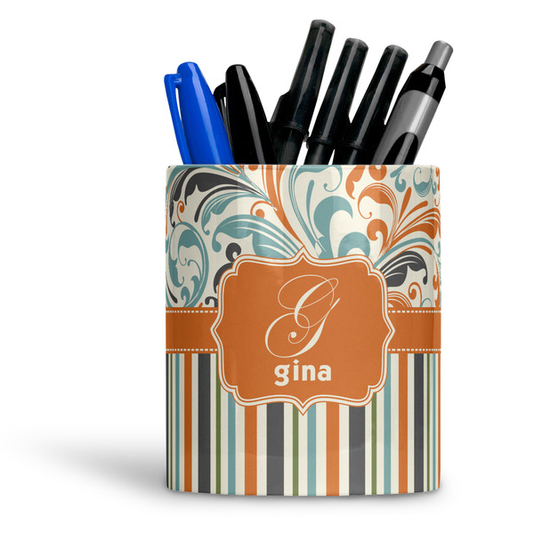 Custom Orange Blue Swirls & Stripes Ceramic Pen Holder