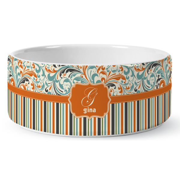 Custom Orange Blue Swirls & Stripes Ceramic Dog Bowl - Large (Personalized)