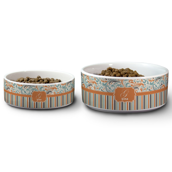 Orange Blue Swirls & Stripes Ceramic Dog Bowls - Size Comparison