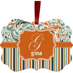 Orange Blue Swirls & Stripes Metal Frame Ornament - Double Sided w/ Name and Initial