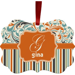 Orange Blue Swirls & Stripes Metal Frame Ornament - Double Sided w/ Name and Initial