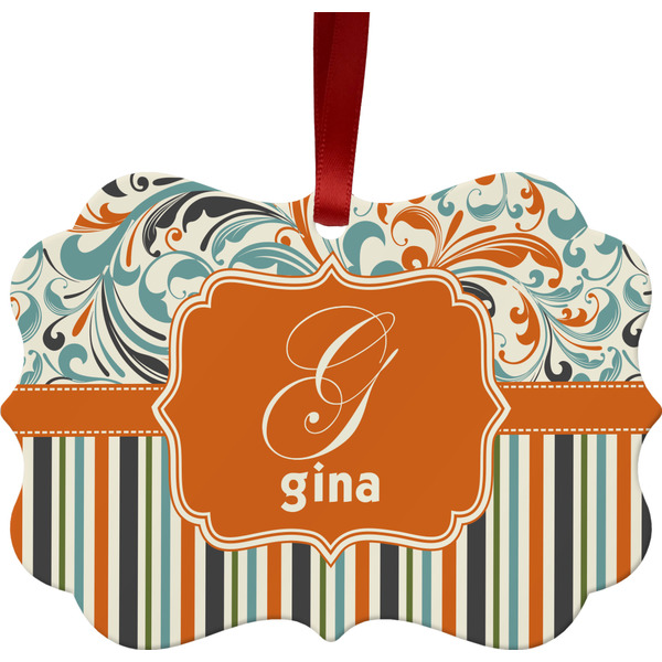 Custom Orange Blue Swirls & Stripes Metal Frame Ornament - Double Sided w/ Name and Initial