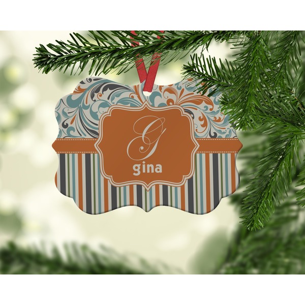 Orange Blue Swirls & Stripes Christmas Ornament (On Tree)
