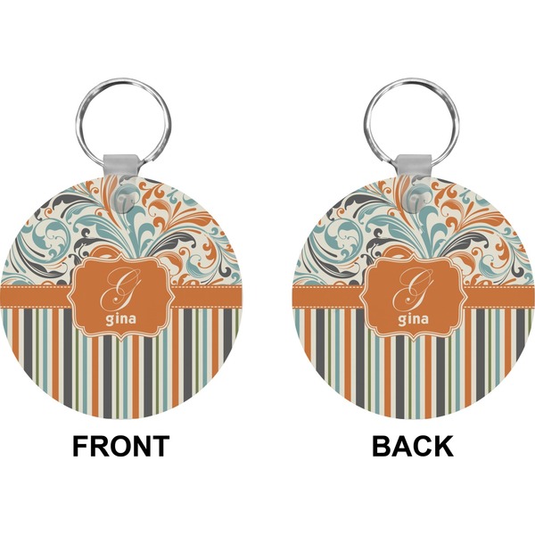 Orange Blue Swirls & Stripes Circle Keychain (Front + Back)