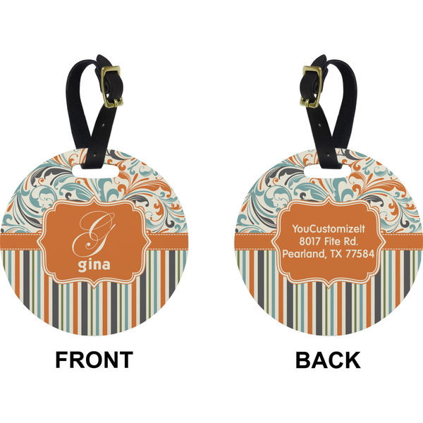 Orange Blue Swirls & Stripes Circle Luggage Tag (Front + Back)