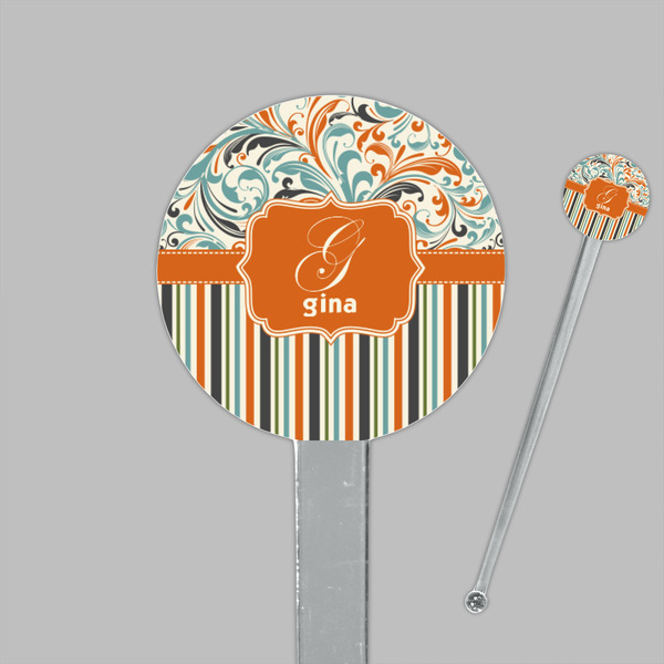 Orange Blue Swirls & Stripes Clear Plastic 7" Stir Stick - Round - Closeup