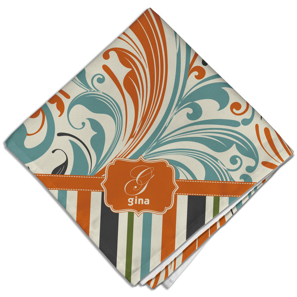 Custom Orange Blue Swirls & Stripes Cloth Dinner Napkin - Single w/ Name and Initial