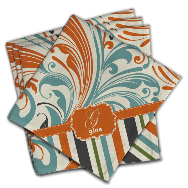 Custom Orange Blue Swirls & Stripes Cloth Napkins (Set of 4) (Personalized)