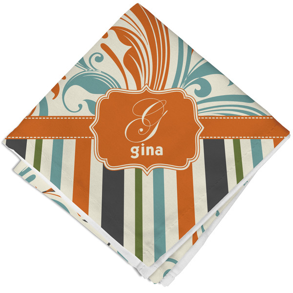 Custom Orange Blue Swirls & Stripes Cloth Napkin w/ Name and Initial