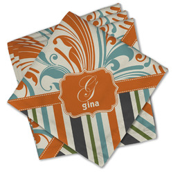 Orange Blue Swirls & Stripes Cloth Cocktail Napkins - Set of 4 w/ Name and Initial