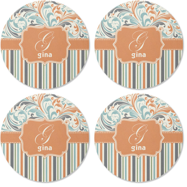 Orange Blue Swirls & Stripes Coaster Round Rubber Back - Apvl