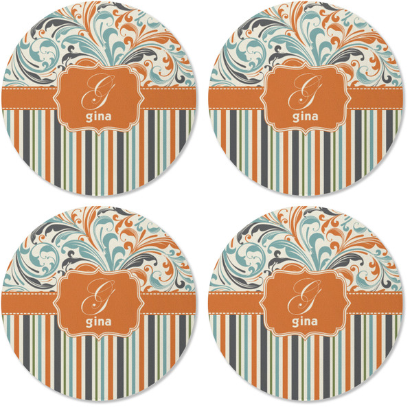 Orange Blue Swirls & Stripes Coaster Round Rubber Back - Apvl